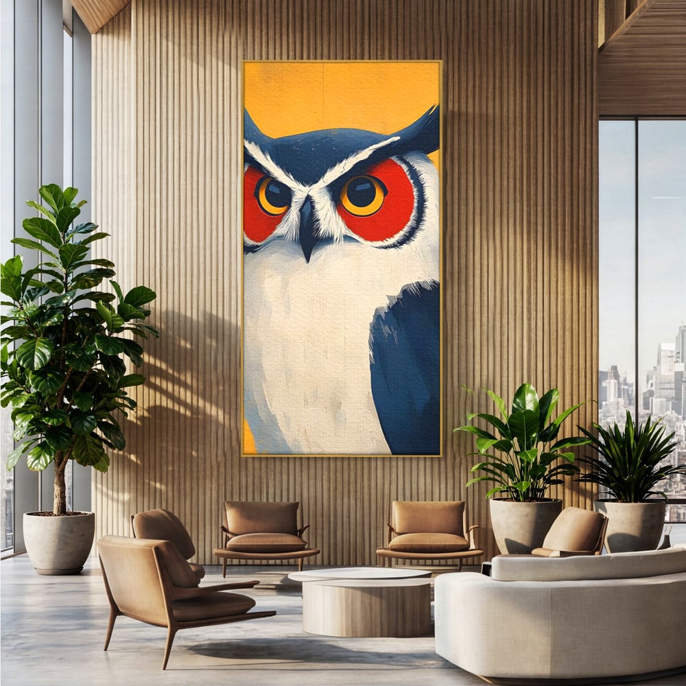 Tablou canvas cu tablou canvas cu bufnita stilizata, in rama de aluminiu auriu, pe perete intr-un birou